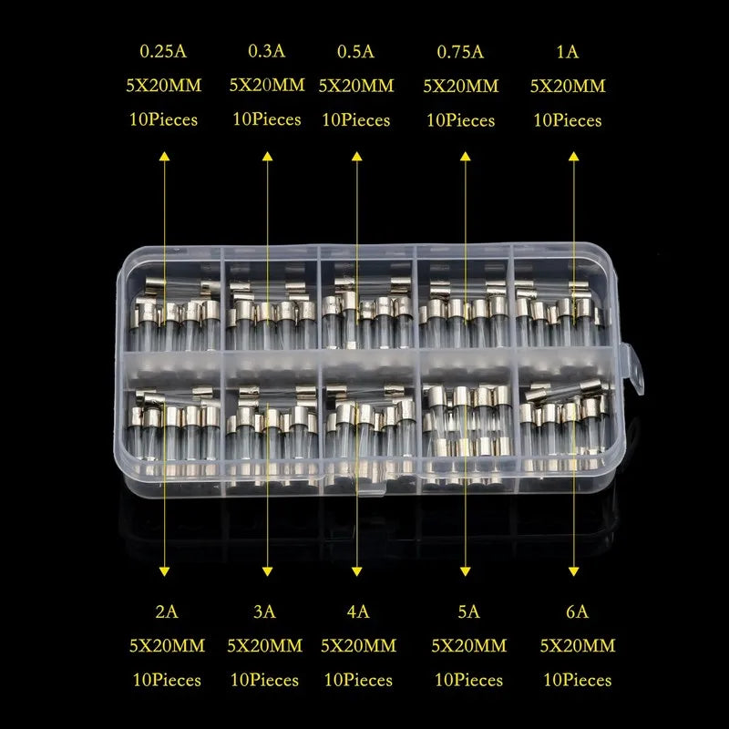 100pcs 5x20mm Fast Quick Blow Glass Tube Fuse Assortment Kit 0.25A 0.3A 0.5A 0.75A 1A 2A 3A 4A 5A 6A 8A 10 15 20A Glass Fuses