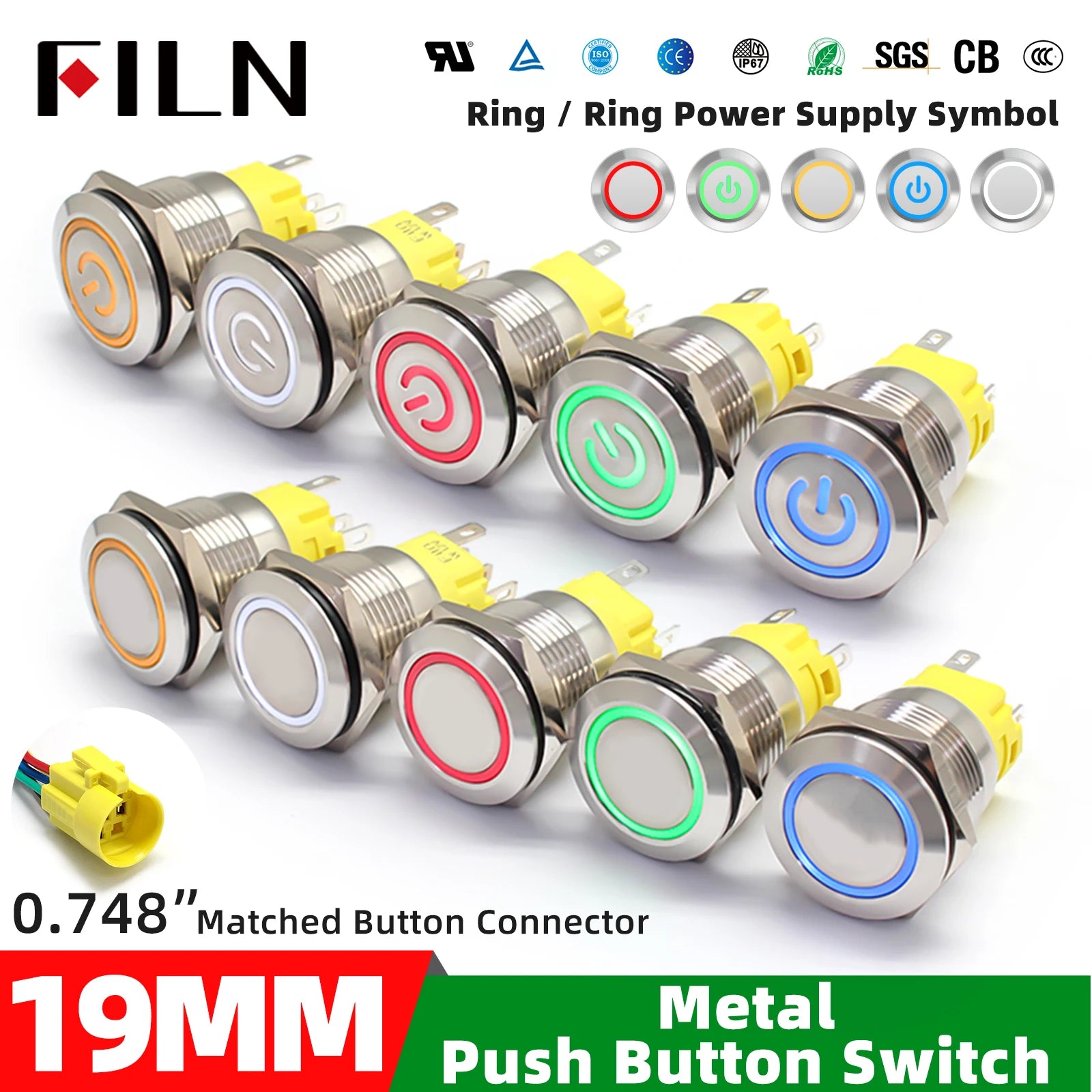 FILN 16mm 19mm 22mm Stainless Steel Waterproof LED Indicator Metal Push Button  Switch Power Symbol   Start Stop Power on Off