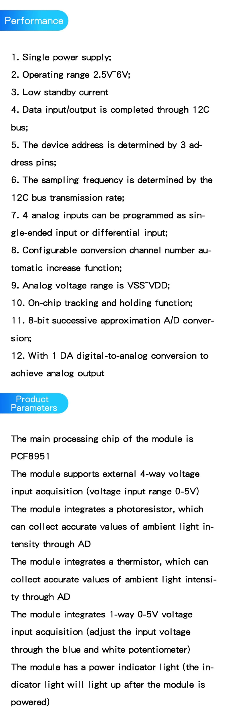 PCF8591 module AD/DA conversion module Temperature and illumination acquisition module For Arduino