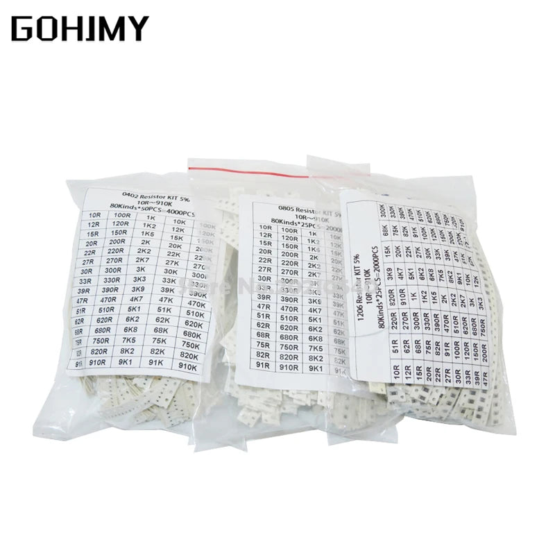 200PCS 660PCS 720PCS 4000PCS 0402 0603 0805 1206 1210 2512 SMD Resistor Kit 10K 100K 1K 1R 100R 220R 1% 5% Assorted Kit