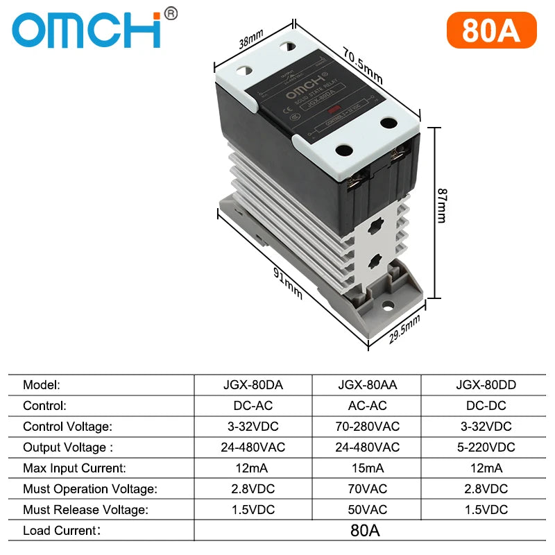 OMCH DIN Rail SSR Solid State Relay With Aluminum Heat Sink DA AA DD 3-32VDC 10A 25A 40A 60A 80A 100A 120A Single Phase Control
