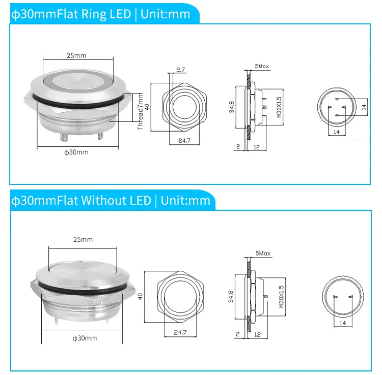 12mm 16mm 19mm 22mm Ultra-short Style Microtravel Stainless Steel Push Button Switch Led Lamp Self-reset/Momentary Normal Open