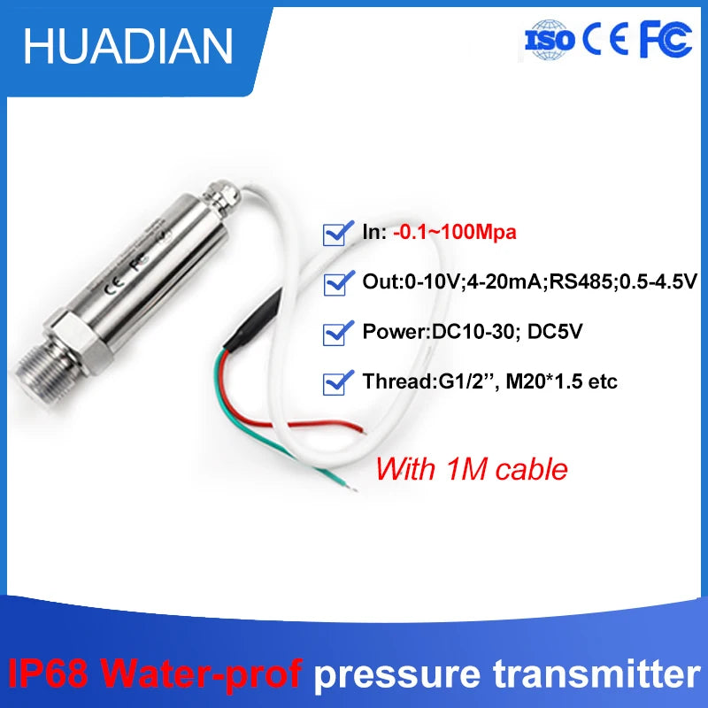 IP68 Waterproof 24Vdc G1/2 Pressure Sensor Transmitter Transducer 1.2 MPa 1M Cable For Water Gas Oil