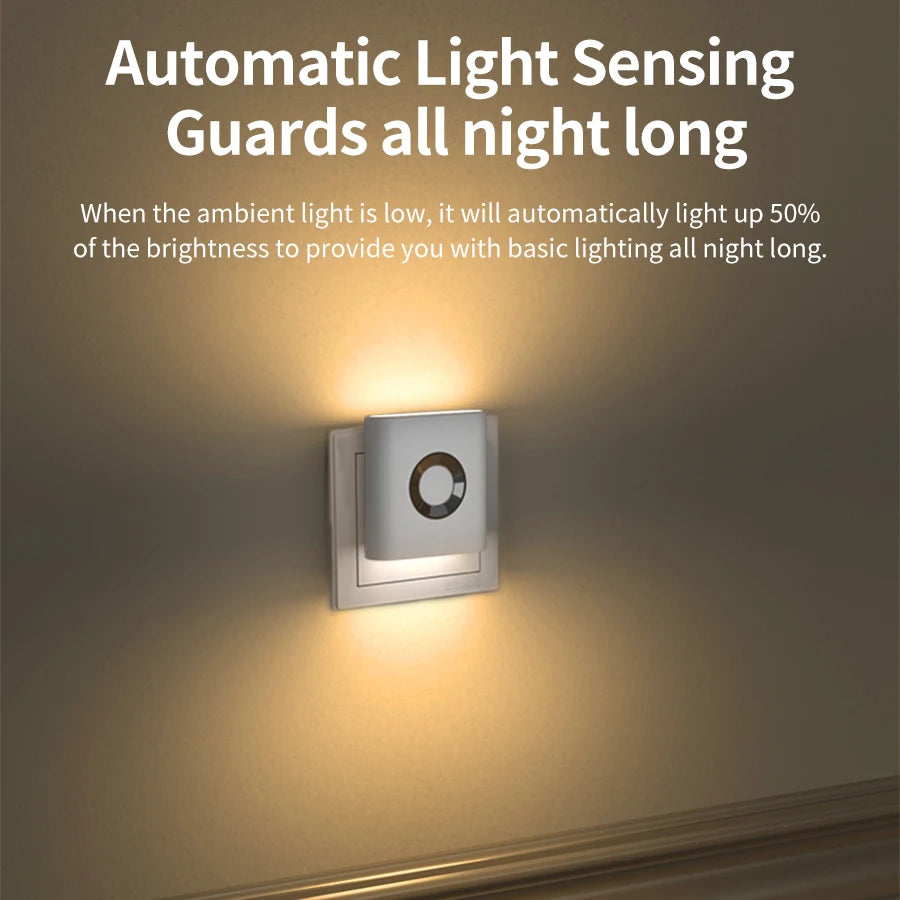 220V Led Night Light with EU Socket Motion Sensor Plug into Wall Lamp Warm White Ambient Light for Toilet Staircase Bedroom