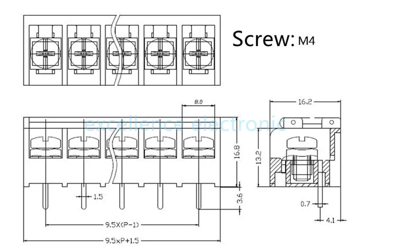 5Pcs HB-9500 2P-10P 9.5mm Barrier Terminal Block Connector with Cover PCB Mount
