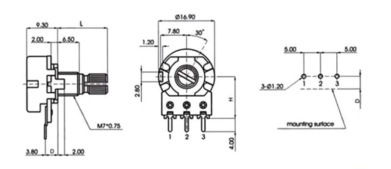 100pcs WH148 Linear Potentiometer B1K B2K B5K B10K B20K B50K B100K B250K B500K B1M 15mm Shaft With Nuts Washers 3pin