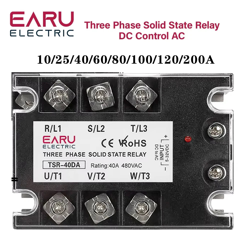 TSR  SSR-10DA SSR-40DA SSR 25A 60A 80A 100A Three Phase SSR Solid State Relay DC Control AC 480V 5-32V Input Aluminum Heatsink