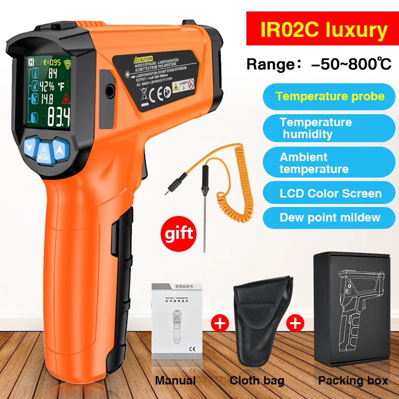 Non-contact Infrared Thermometer -40°C~1600°C High Temperature Meter with K-type Probe Laser Pyrometer Adjust Emissivity