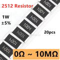 20pcs 2512 1W 5% SMD Resistor 10R20R22R100R120R200R330R470R510R1K1.5K2.2K3.3K4.7K5.1K10K12K15K20K22K30K47K51K100K200K510K1MΩ ohm