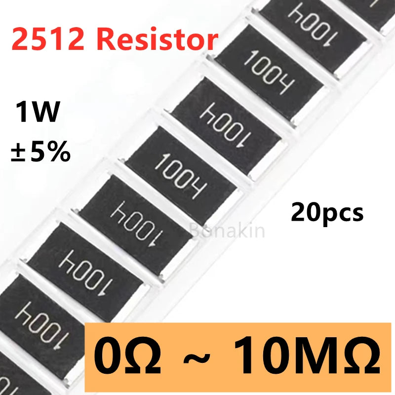 20pcs 2512 1W 5% SMD Resistor 10R20R22R100R120R200R330R470R510R1K1.5K2.2K3.3K4.7K5.1K10K12K15K20K22K30K47K51K100K200K510K1MΩ ohm