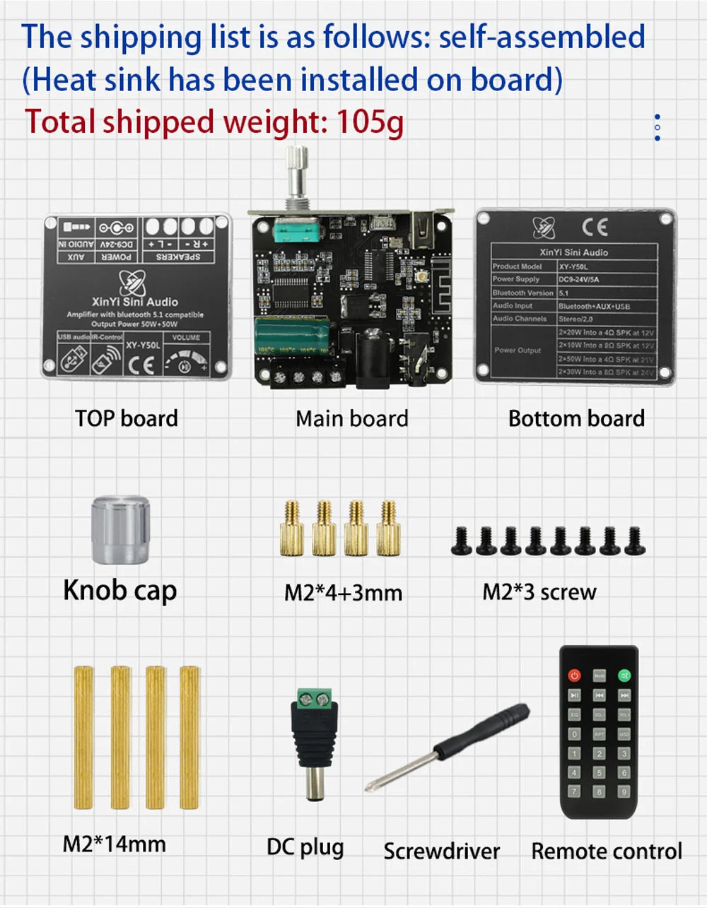XY-Y50L Stereo BT Bluetooth-Compatible 5.1 AUX USB Audio Digital Power Amplifier Board Module 50W+50W Infrared Remote Control