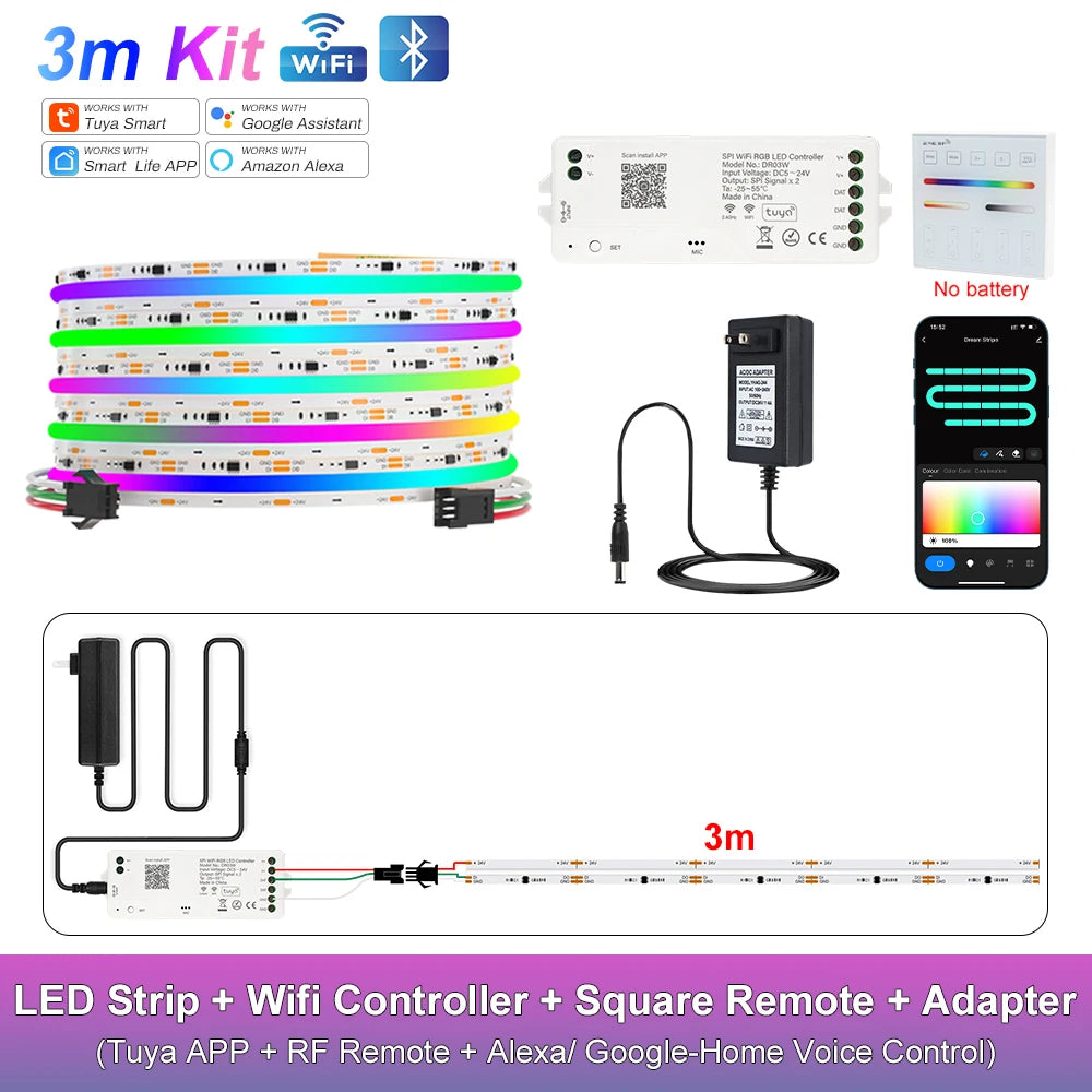 RGB-IC COB LED Strip with Tuya Wifi Controller 2.4G Remote Alexa Google Home Rainbow Color Addressable LED Tape 10m 20m 25m Kit