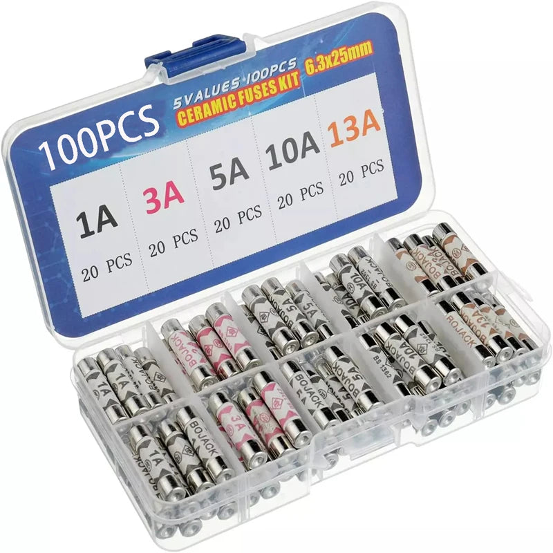 100pcs/boxed 6x25mm Ceramic Fuse 1A 3A 5A 10A 13A British Plug Fuse Insurance Fast Blow Tube Fuses Assortment Kit