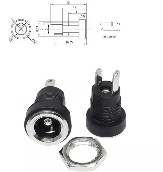DC022B 5.5 X 2.1mm DC Power Jack Supply Socket Connector DC Female 2 Terminal 2 Pin Panel Mount Connector Plug Adapter 5.5*2.5