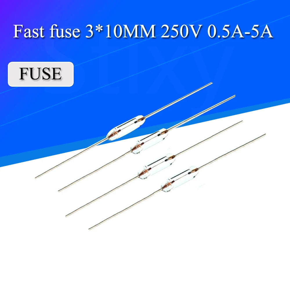 200pcs 3*10mm 0.5A/1A/2A/3A/5A Axial fast glass fuse with lead wire 3*10 0.5A 1A 2A 3A 5A