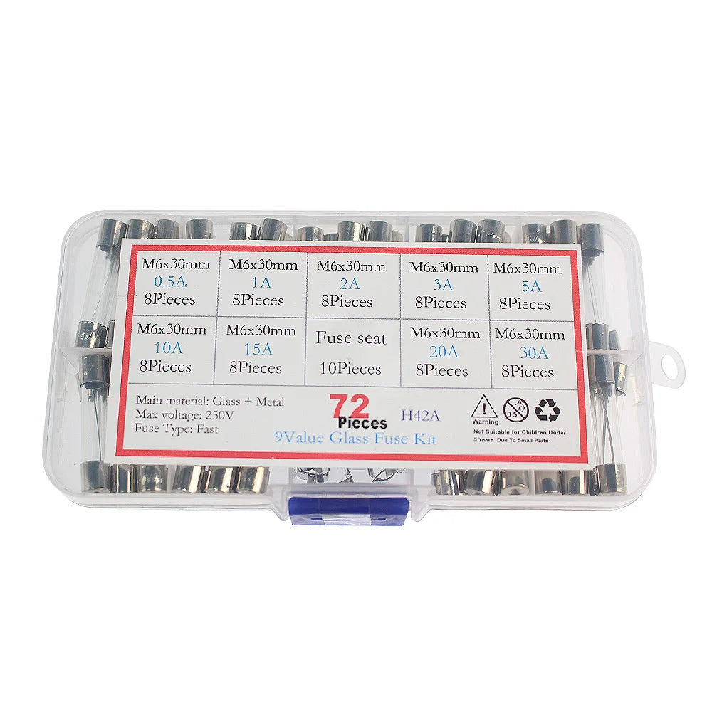54/72/100/150/200PCS Fuse Assorted kit 5x20mm,6x30mm Quick Blow Glass Tube 0.2A-30A Blow Glass Fuse 10and 15Value electronics ﻿