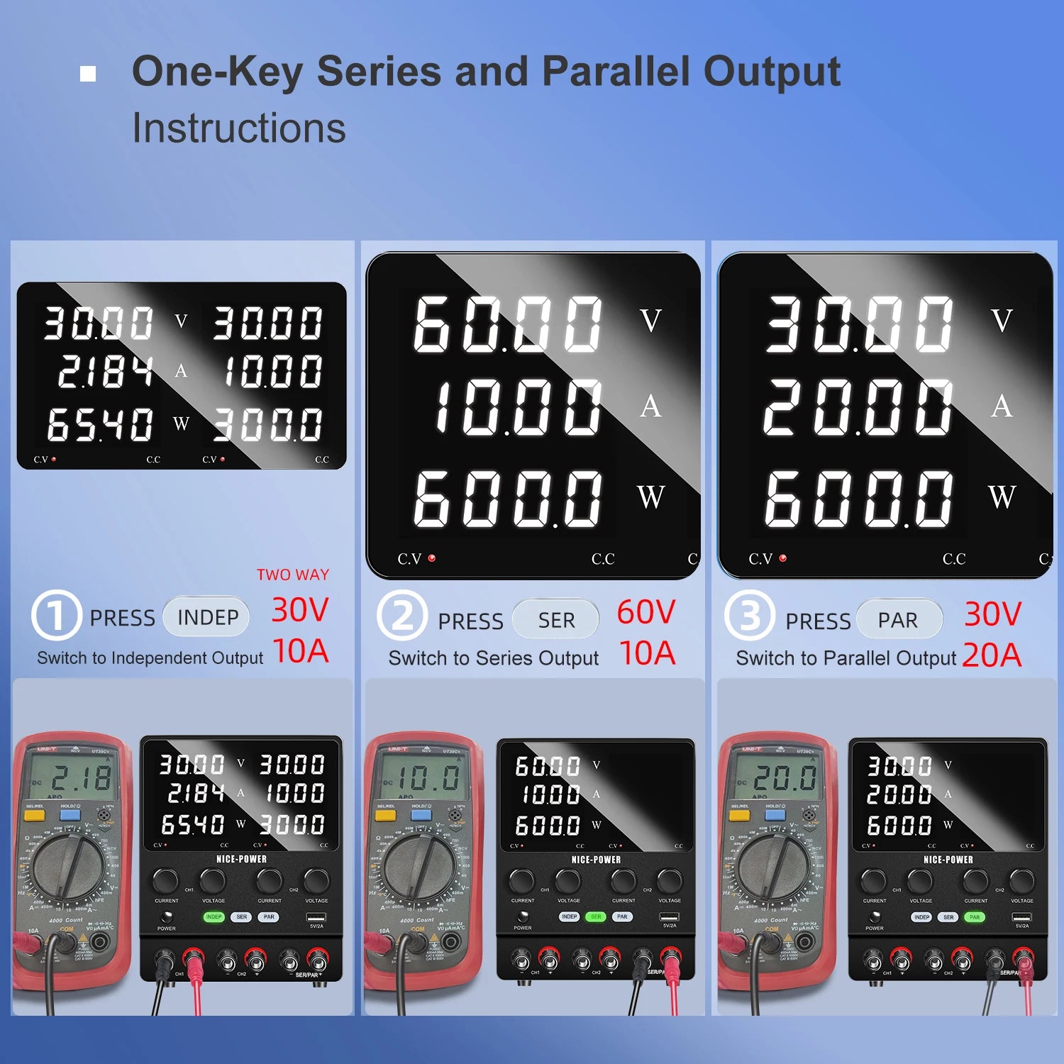 NICE-POWER 120V 3A Lab DC Power Supply 0-240V 0-6A Dual Channel Bench Power Source 12V 24V 10A 20A Power Supply Series Parallel