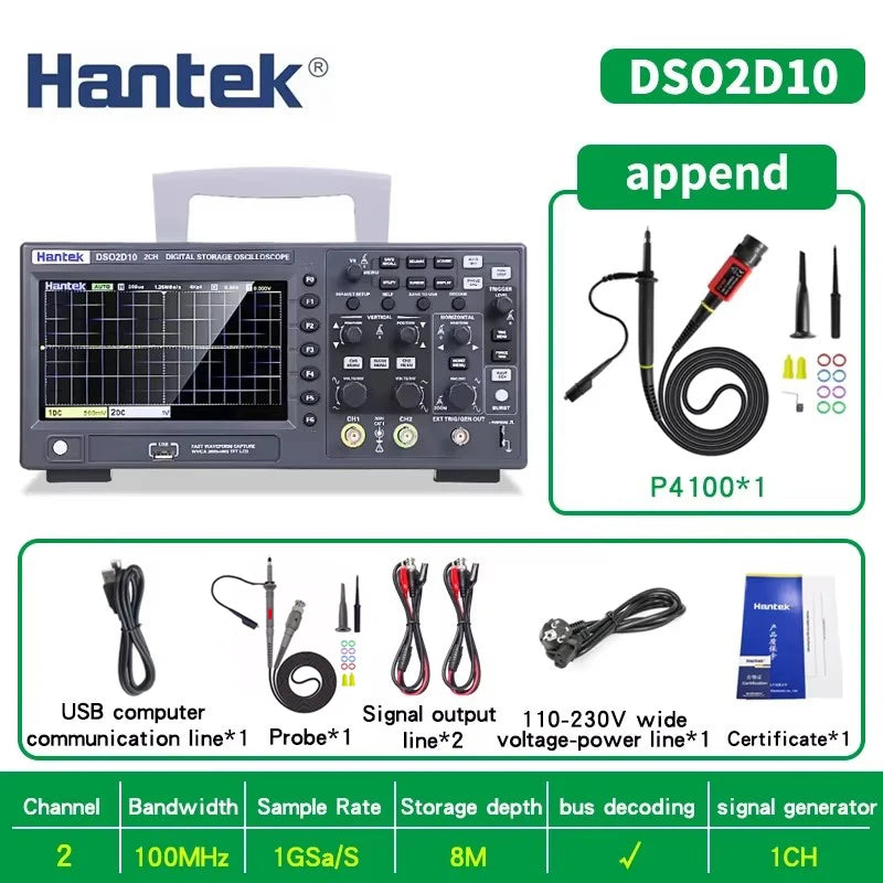 Hantek DSO2C10 DSO2C15 DSO2D10 DSO2D15 2CH Oscilloscope 100/150MHz 1GSa/s 8Mpts FFT UART I2C SPI CAN LIN 25MHz AWG D Models