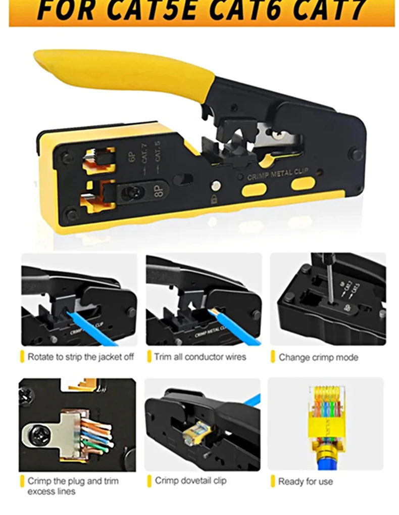 RJ45 Crimping Tool Wire Stripping Cutting Vertical Crimping Network Cable Pliers With Through-hole Cat7 Cat6 Cat5 8P6P Pliers