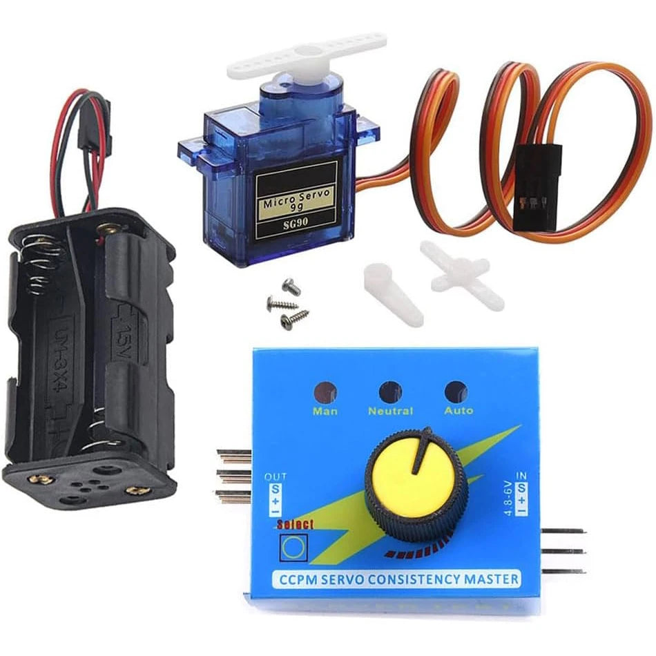 Servo Motor Tester Kit SG90 9g Micro Servo 180 Degree + RC Micro Servo Tester Controller with Power Supply Case 4AA Battery Hold