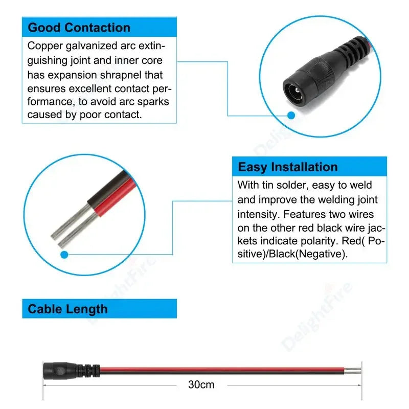 5.5 2.1mm Male Female DC Power Pigtail Connector Cable 12V 5A DC Barrel Plug Terminals for LED Strips CCTV Camera Power Adapter