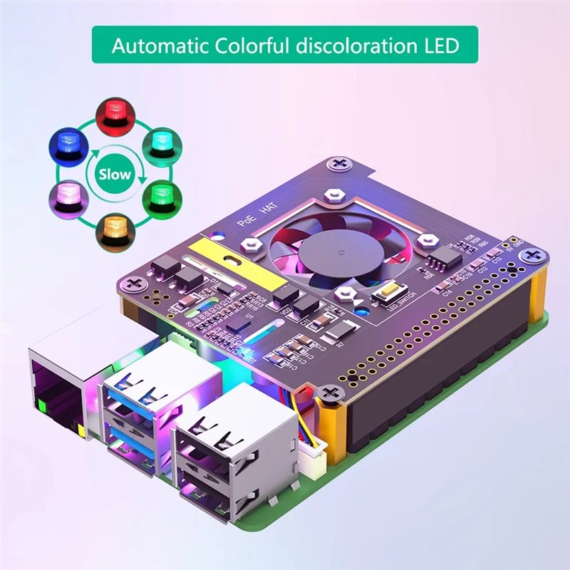 Poe HAT For Raspberry Pi 5 With Cooling Fan/Computer Module 5, With Automatic Discoloration LED Light