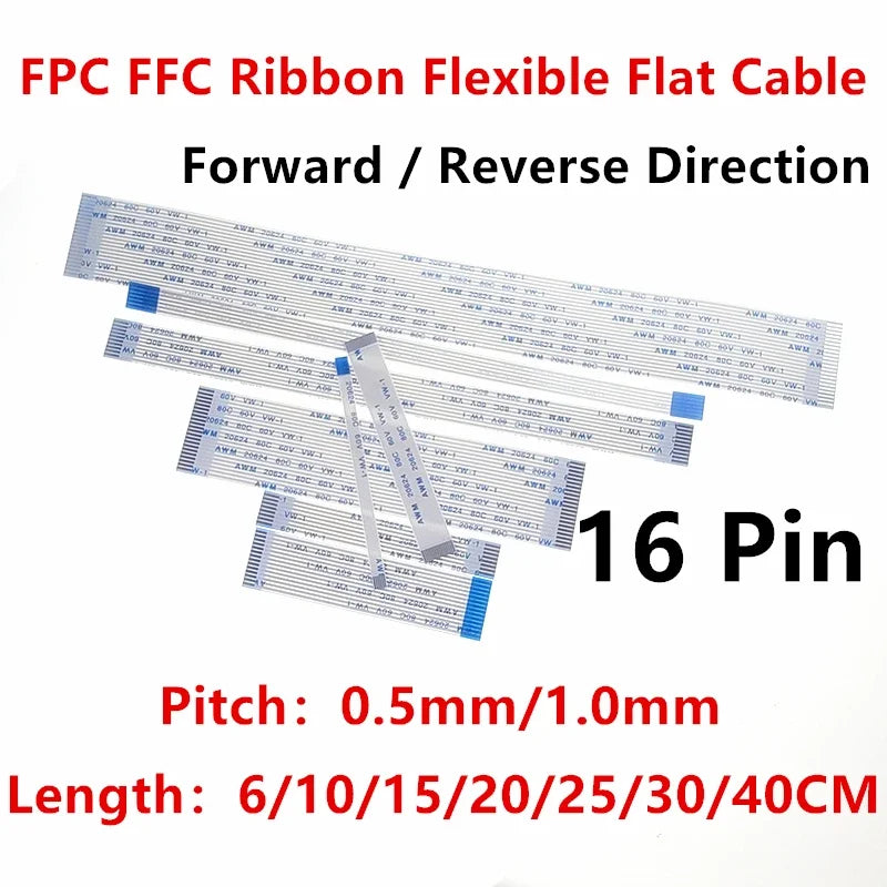 10PC FPC FFC Ribbon Flexible Flat Cable 16 Pin Pitch 0.5MM 1.0MM AWM 20624 80C 60V Length 6/10/15/20/25/30/40 CM Forward Reverse