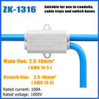 Parallel Wire Splitter Without Cutting, High-Power T-Type Main Branch Terminal Block, 1-In 2-Out for 1.5-6-10-16mm² Cables