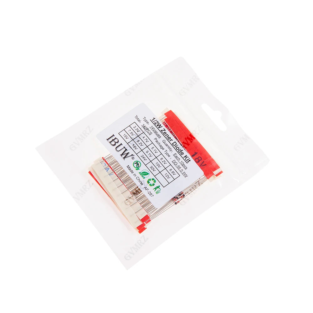 140PCS 14Values 1/2W Zener Diode Kit 3.3V-30V DO-35 0.5W for Voltage Regulation Electronic Projects 3.3V 9V 30V DO-35 0.5W