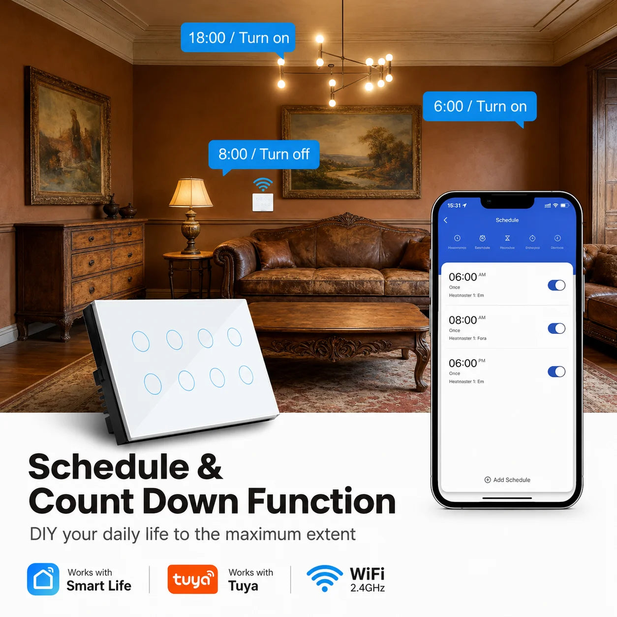 Melery Wifi Smart Tuya Light Switch 4/5/6/8/10 Gang Glass Wall Touch Sensor Alexa Remote Voice Control by Google Home Assistant