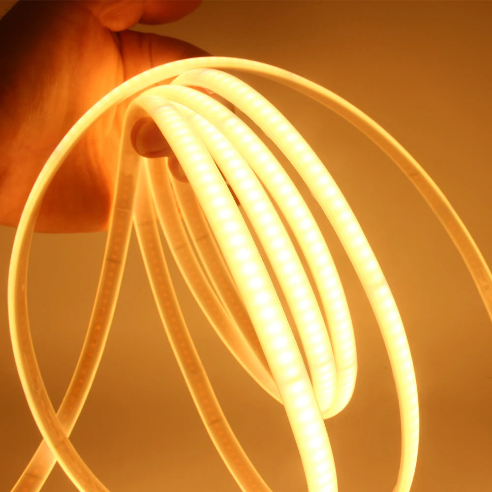 AC220V COB LED Strip Light IP67 Waterproof Flexible Ribbon 2Pin Wire/EU Plug Tape Lamp 3000K/4000K/6000K Outdoor Linear Lighting