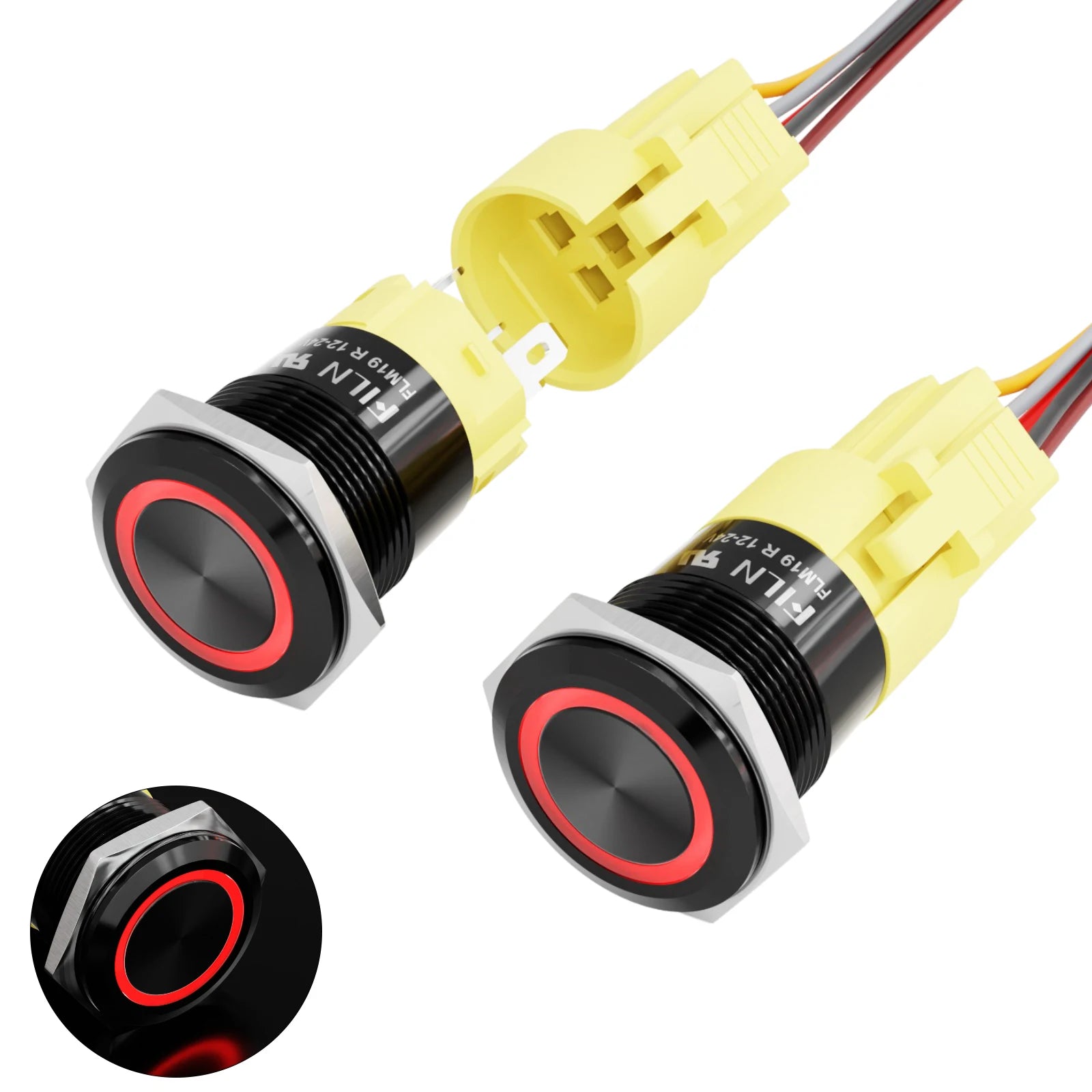 FILN 2PCS 19mm 12V 24V Push Button Switch Ring Button Latching IP65 Waterproof with LED 1NO1NC Pre-Wired Harness 5Amp Marine car