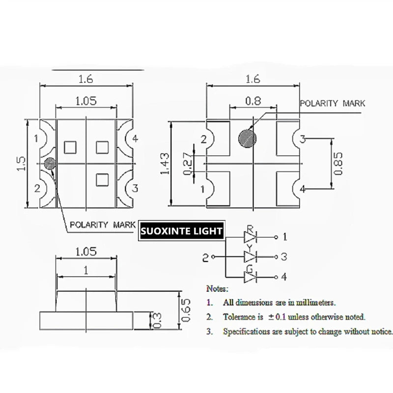 Highlight 0603 1615 RGY LED, Common Anode, Red-Green-Yellow 3 Color SMD Light Emitting Diode