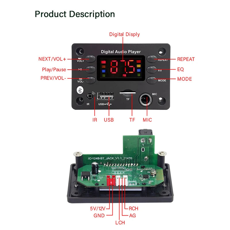 DC 5V 12V Audio Player Bluetooth 5.0 MP3 Decoder Board Hands-free Car Microphone USB TF FM Radio MP3 Music Player Speaker
