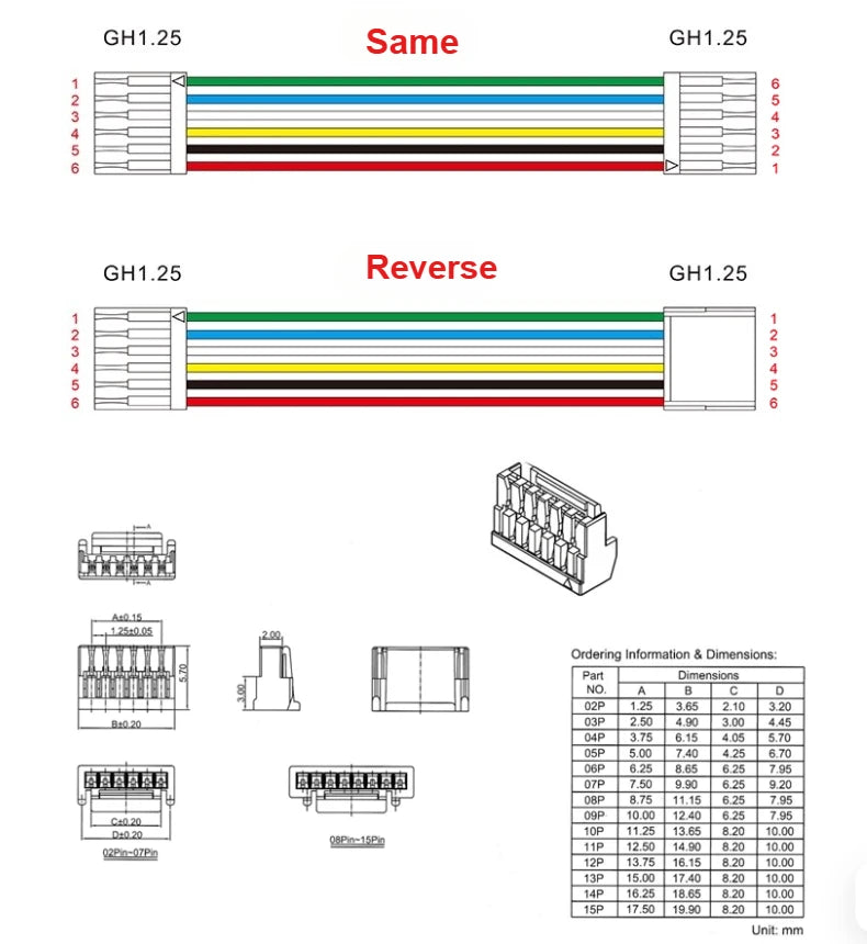 5Pcs GH1.25 2P/3P/4P/5P/6P-10 Pin GH 1.25 Single/Same/Reverse Connector with 15CM Soft Silicone Cables