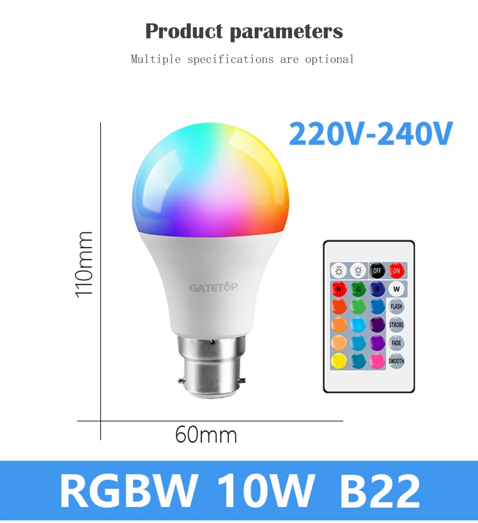 1-10PCS LED Intelligent RGBW Bulb GU10 E27 E14 24 Key Infrared Remote Control AC110V 230V 6W 10W Color Plus White Light Dimming