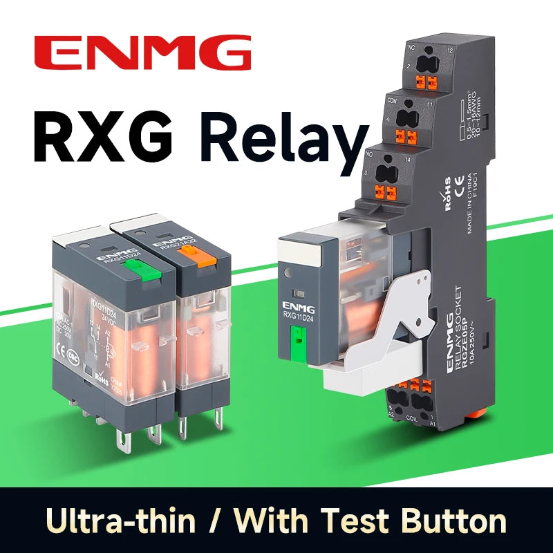 ENMG RXG Slim Power Relay 12A 24VDC/220VAC Coil, DIN Rail Mount Industrial Relay for PLC Control System