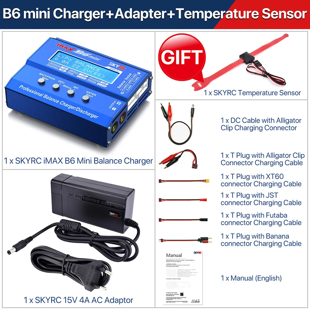 SKYRC Lipo Charger IMAX B6 EVO B6 V2 B6 Mini B6AC V2 Balance Battery Charger Discharger with Adapter Temperature Sensor 6A 1-6S