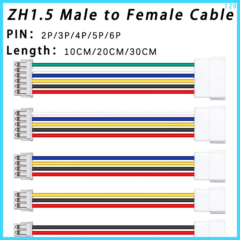 10PCS JST ZH1.5 Male To Female Connector  Extension Line 2P/3P/4P/5P/6P ZH1.5mm Pitch With 10/20/30cm Cable 28AWG