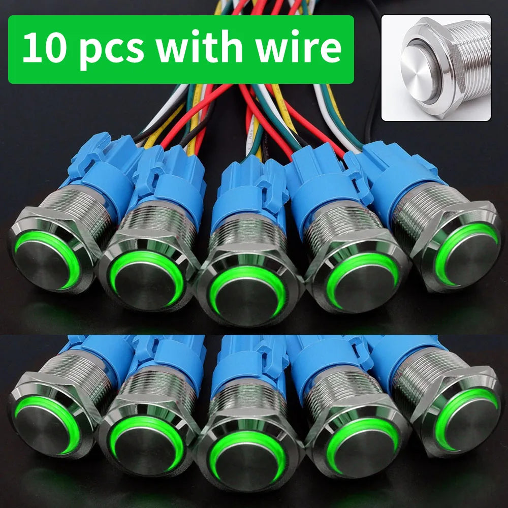 10 pcs  Latching Push Button Switch Metal Shell 16/19/22mmWaterproof Power Symbol Pattern Self-Locking Momentary Fixed 1NO 1NC