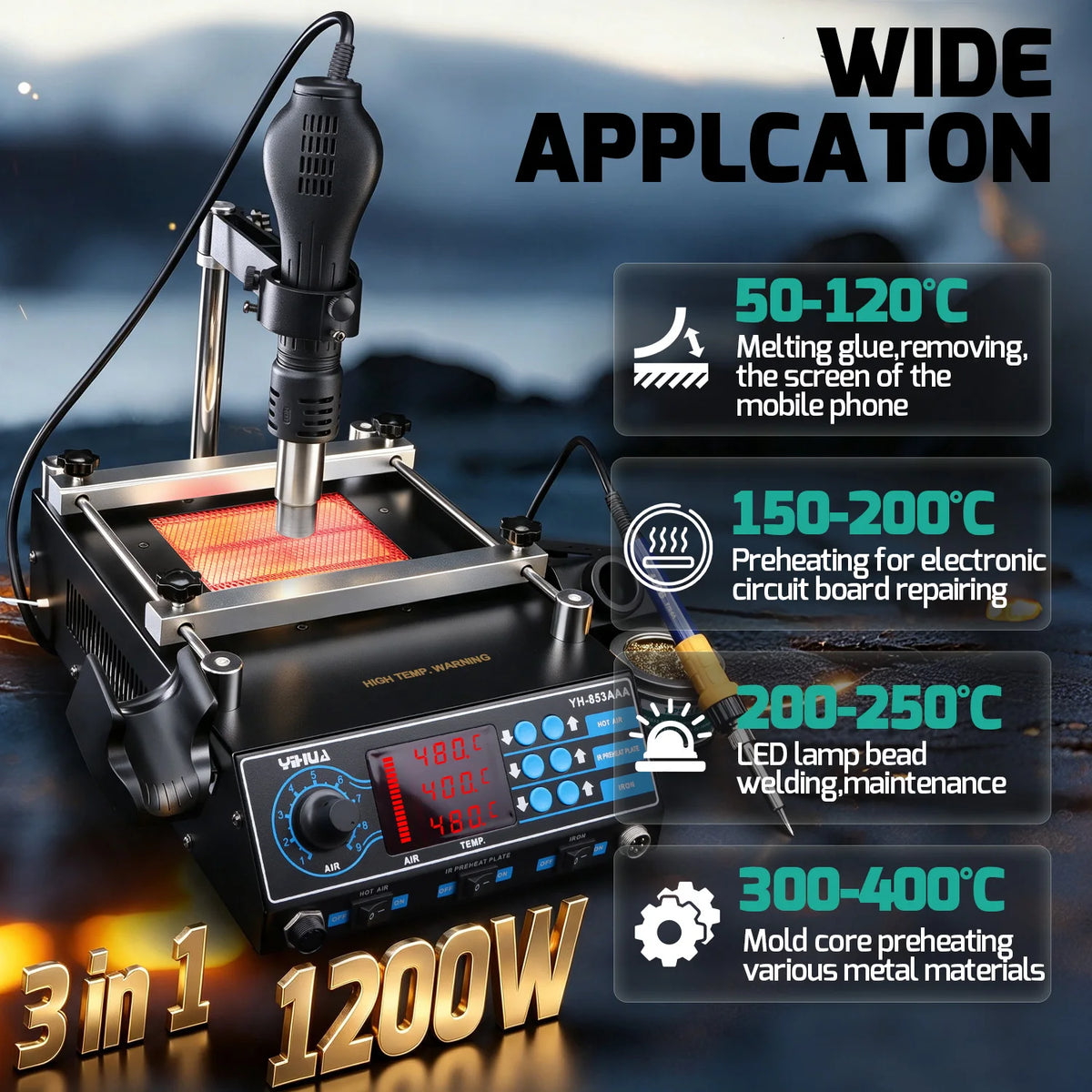 YIHUA 853AAA 1200W Preheating Station PCB Preheater Soldering Station BGA Rework Station Soldering Iron Heat Gun Welding Station