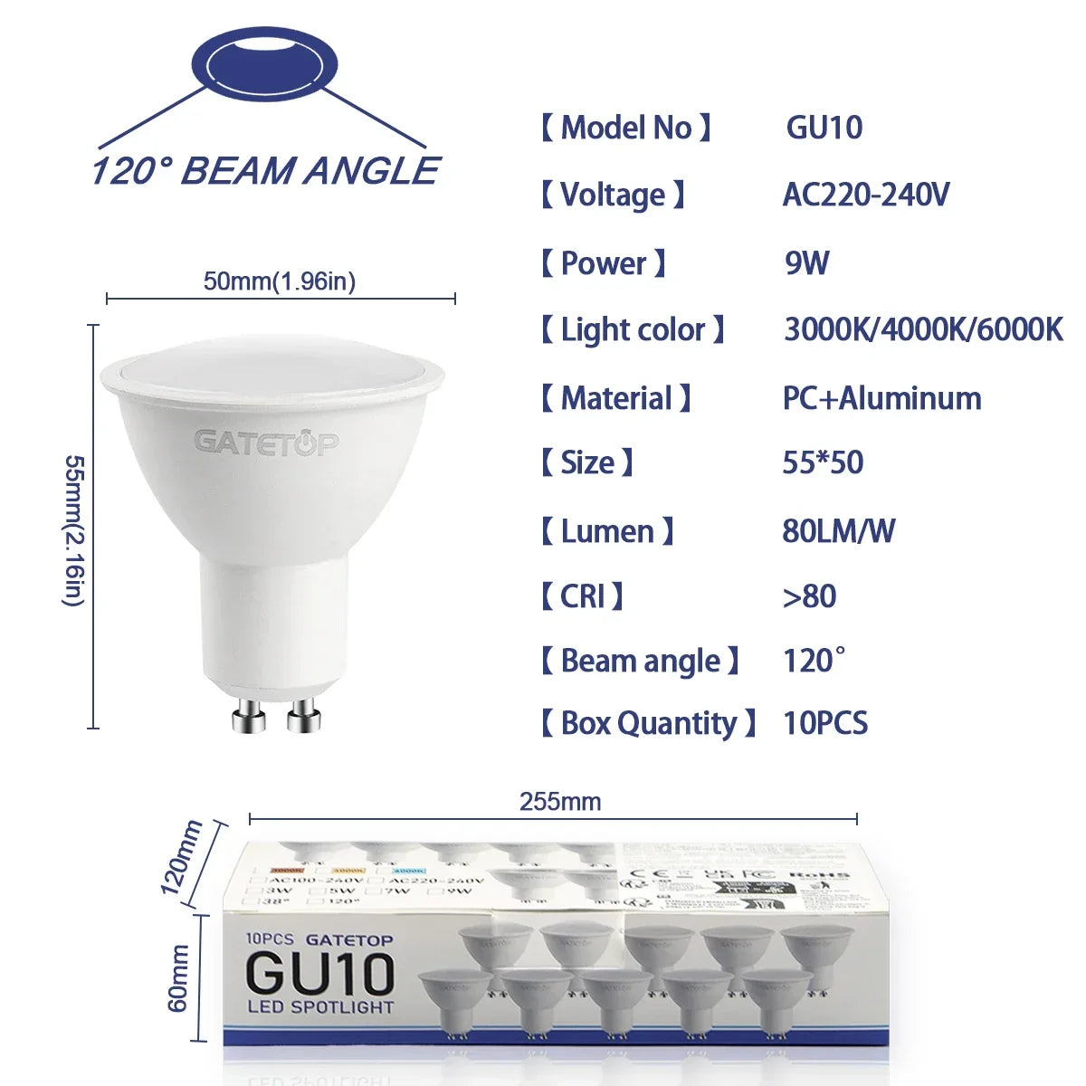 10 Pack Focos Gu10 Spotlight Lampara 220V Led Bulb Wholesale 9W White Warm 3000k 6000K Suitable for Home Commercial Buildings