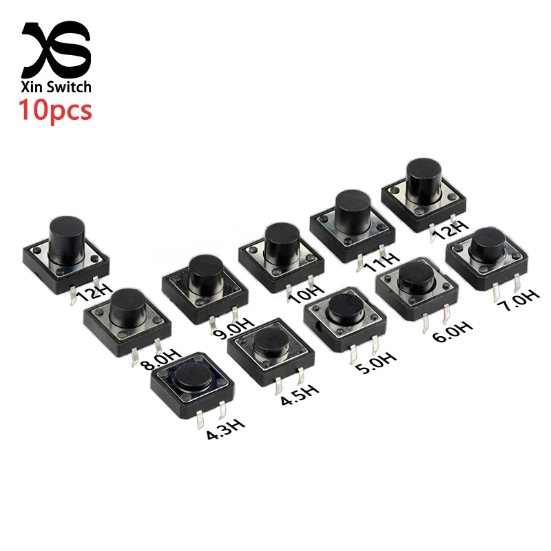 10pcs 12x12 Tact Switch Vertical 12*12*4.3/4.5/5/6/7/8/9/10/11/12/13mm Micro 4Pin Self-Reset Electronic Push Button Interruptor