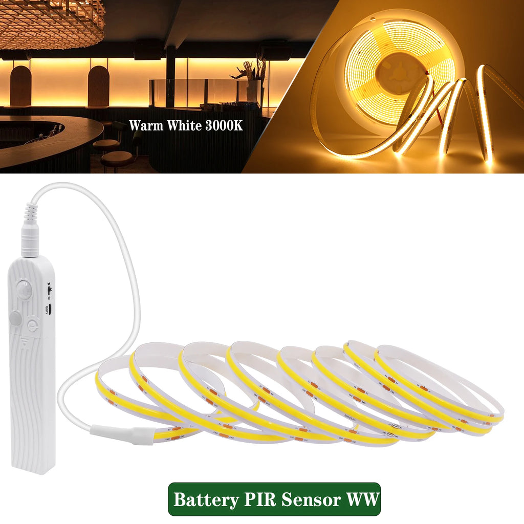 3MM 5MM 8MM COB LED Light Strip 5V 320LEDs PIR Motion Sensor Flexible Night Light USB/AAA Battery Powered Tape 3000K 4000K 6000K