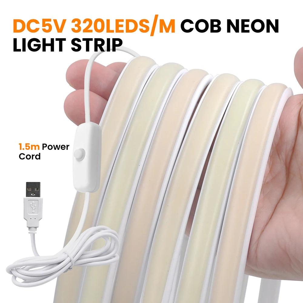 IP68 Waterproof Flexible Neon Rope Light USB COB LED Strip 5V ON OFF Switch 320 LEDs/m Natural Warm White 0.5m 1m 2m 3m 4mm 5m