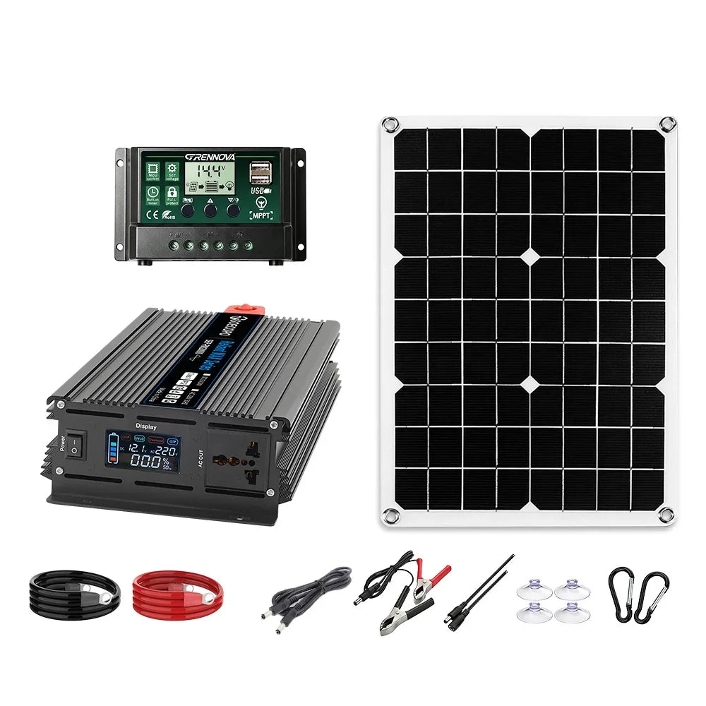 Off-Grid Solar Power Generation System 20000W Peak 2000W Rated Inverter 500W Panel With MPPT Controller for RV Outdoor Household