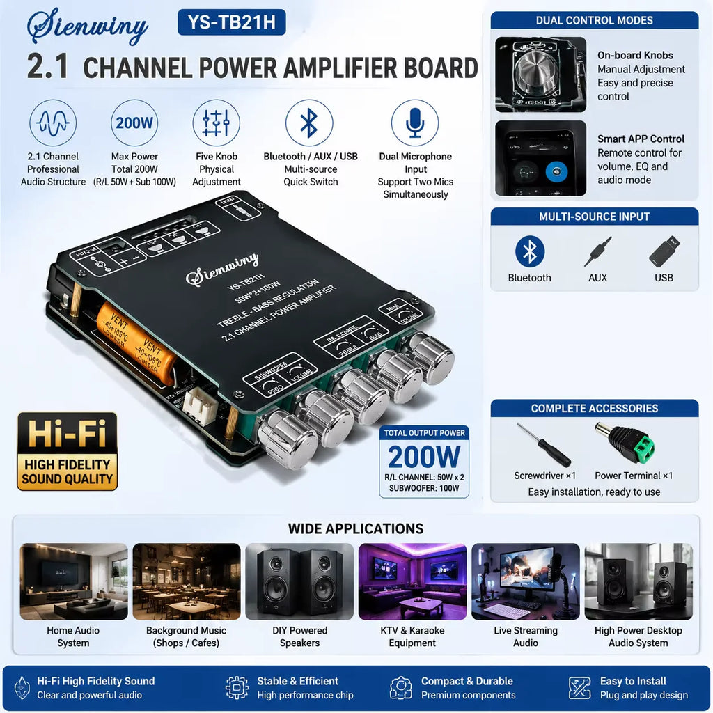 2.1CH Bluetooth Amplifier Board 200W Class D 50W*2+100W Subwoofer Bass Treble USB APP MIC KTV DC12-24V HiFi DIY Speaker