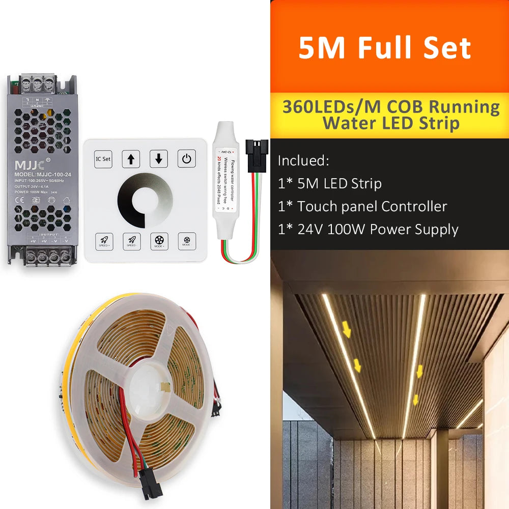 COB Horse Race LED Strip 24V WS2811 Running Water Flowing Light 360LEDs/m RF Touch Panel Controller 5M for Home Decoration