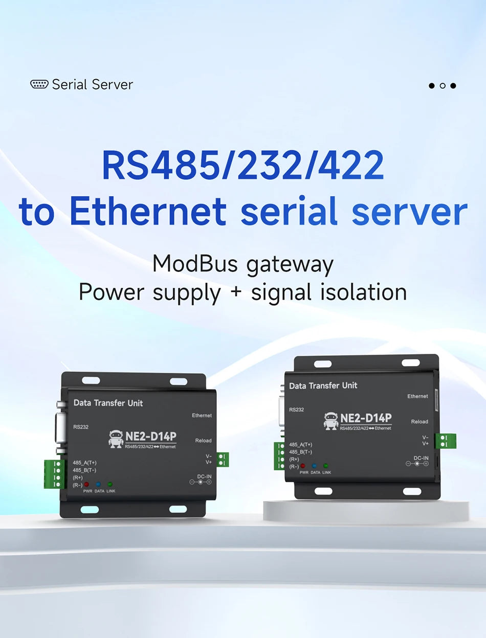 RS485/RS232/RS422 to Ethernet Serial Server DC8-28V Modbus TCP RTU MQTT CDEBYTE NE2-D14P AT Command Power and Signal Isolation