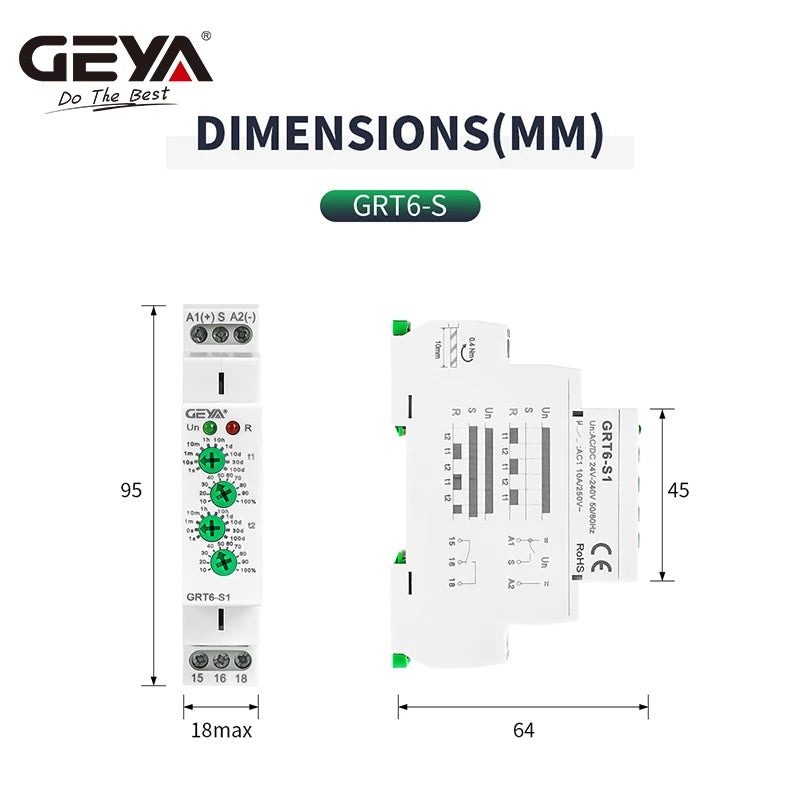 GEYA GRT6-S Cycle Time Delay Relay AC/DC24V-240V Asymmetric Relay SPDT 220V 10A Electronic Repeat Relay